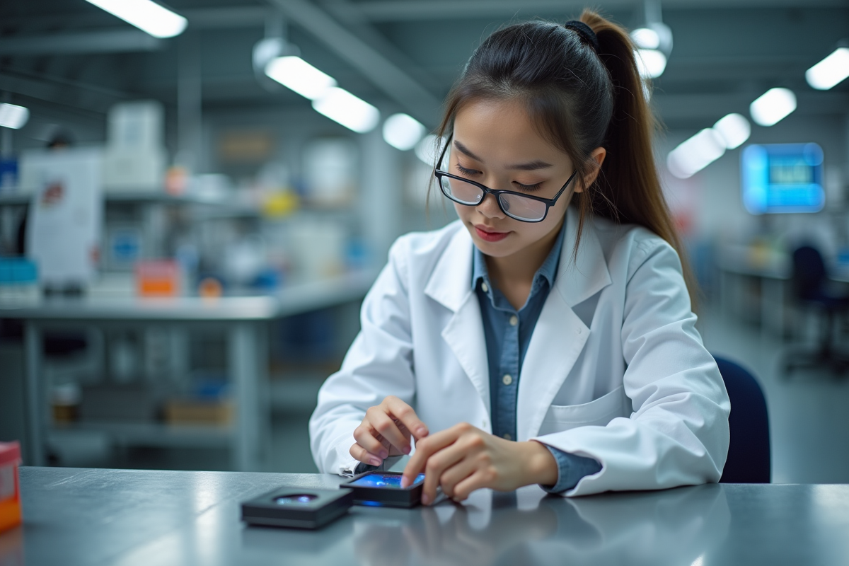 Jeune femme scientifique assemble une pile à hydrogène dans un laboratoire