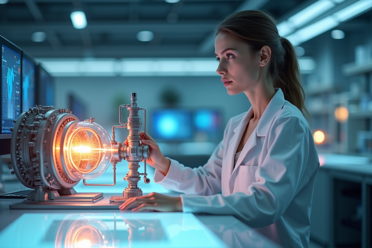 Jeune femme scientifique dans laboratoire analysant un modele de fusion