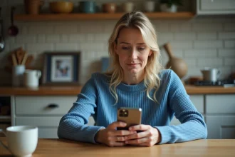 Femme d'âge moyen regardant son téléphone dans la cuisine