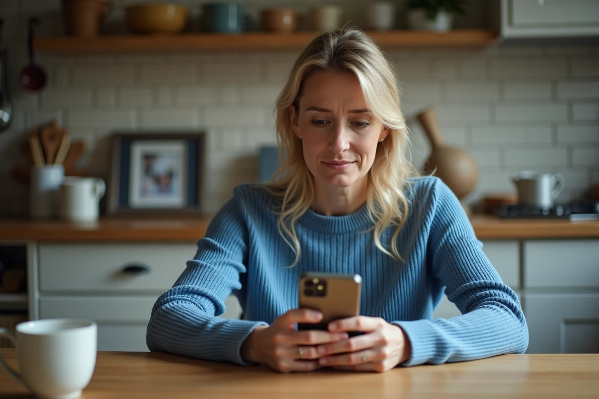 Femme d'âge moyen regardant son téléphone dans la cuisine