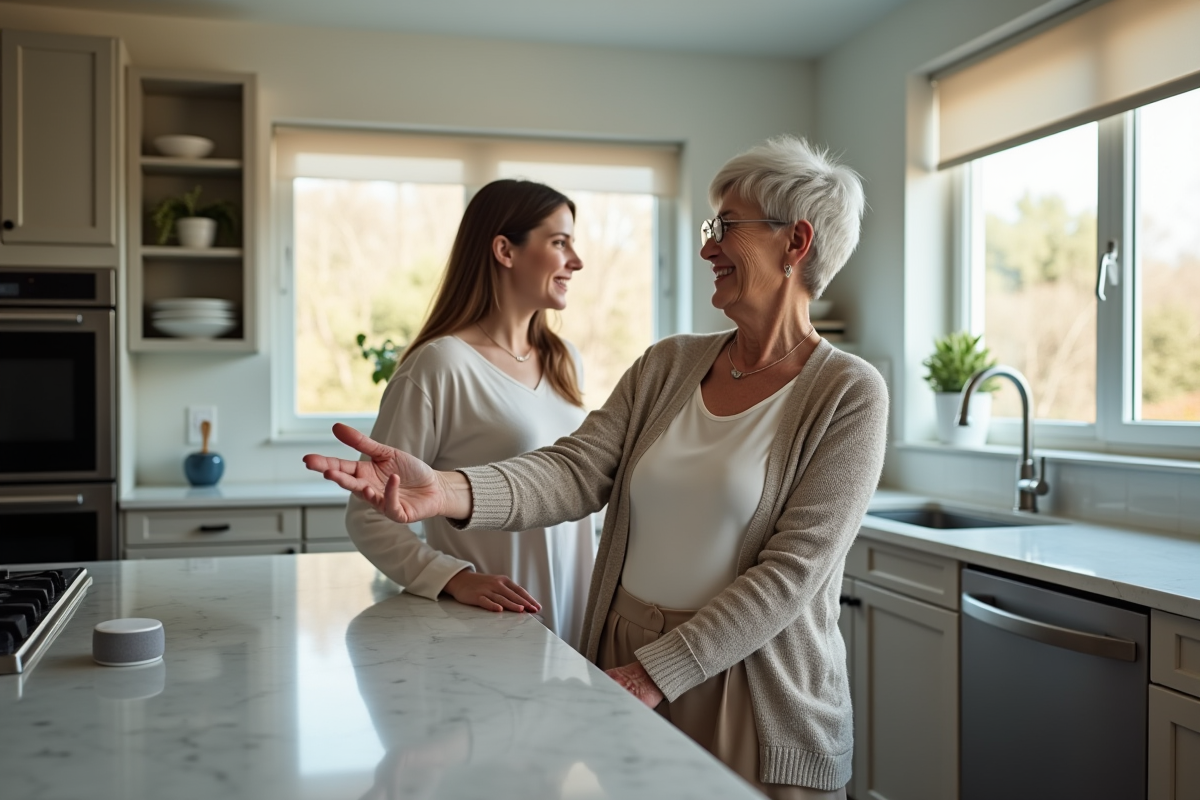 Femme senior montrant un assistant vocal avec sa petite fille dans la cuisine
