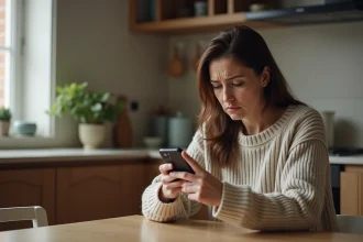 Femme dans la cuisine avec téléphone et expression mélancolique