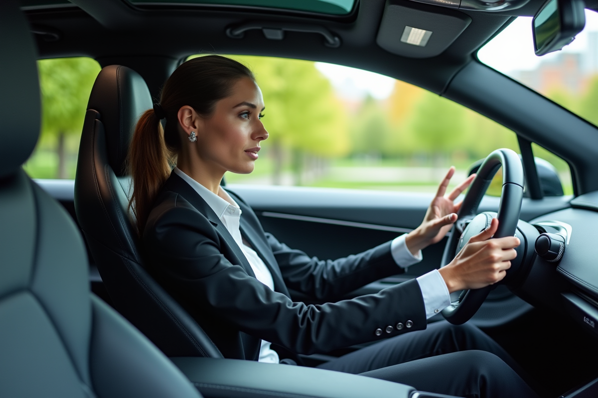Femme en costume dans une voiture électrique futuriste