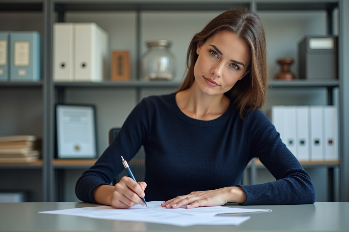 Femme signant documents dans un bureau administratif