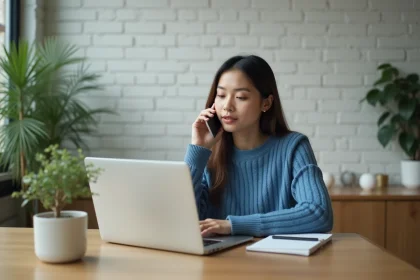 Femme au t&eacute;l&eacute;phone dans un appartement moderne