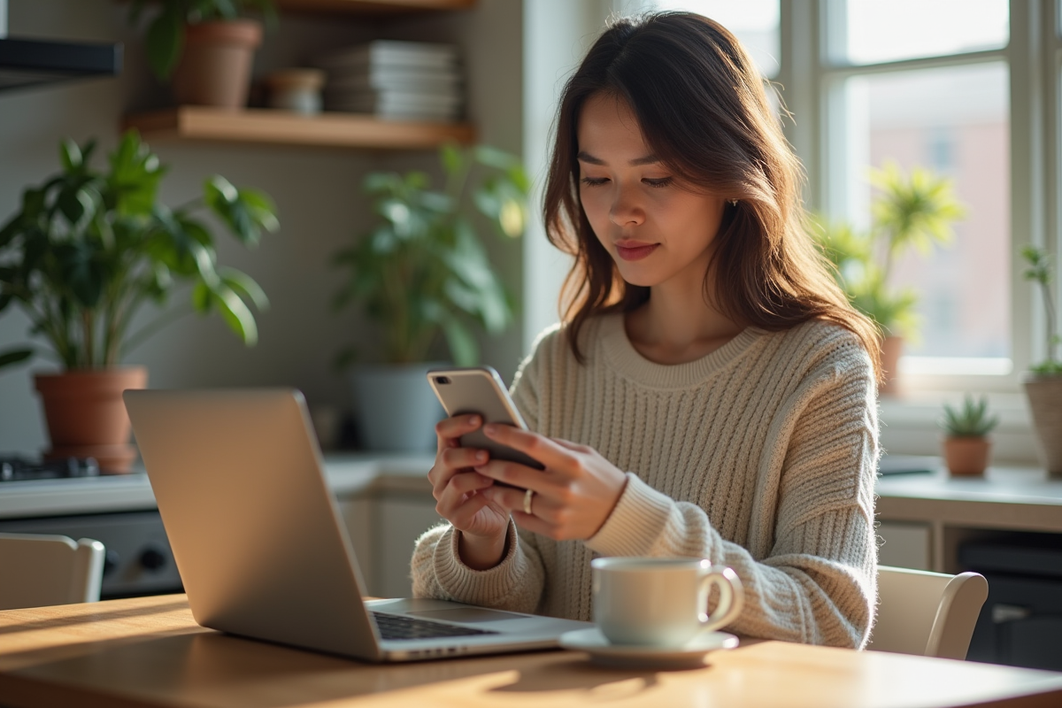 Jeune femme concentrée sur son smartphone dans une cuisine moderne