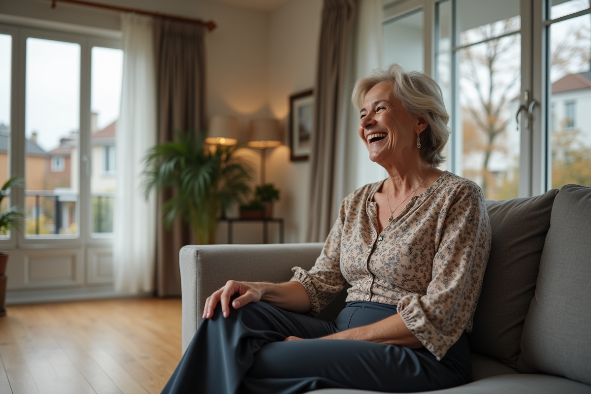 Femme souriante assise dans un salon moderne et chaleureux