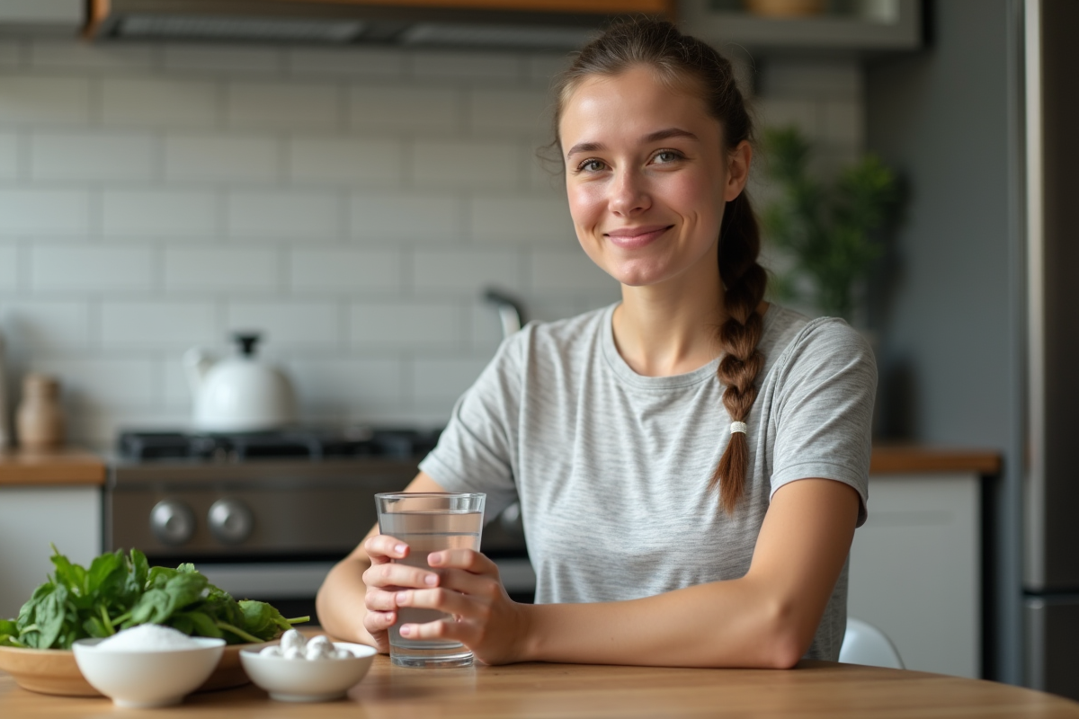 Jeune femme sportive souriante dans la cuisine lumineuse