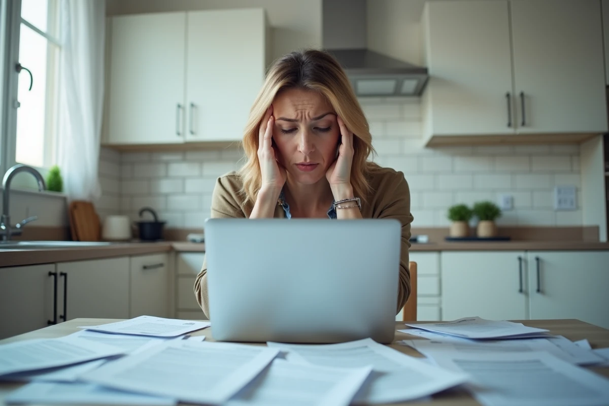 Femme stressée à la table de cuisine entourée de courriers d'huissier et de documents officiels, illustrant l'angoisse face au harcèlement par huissier