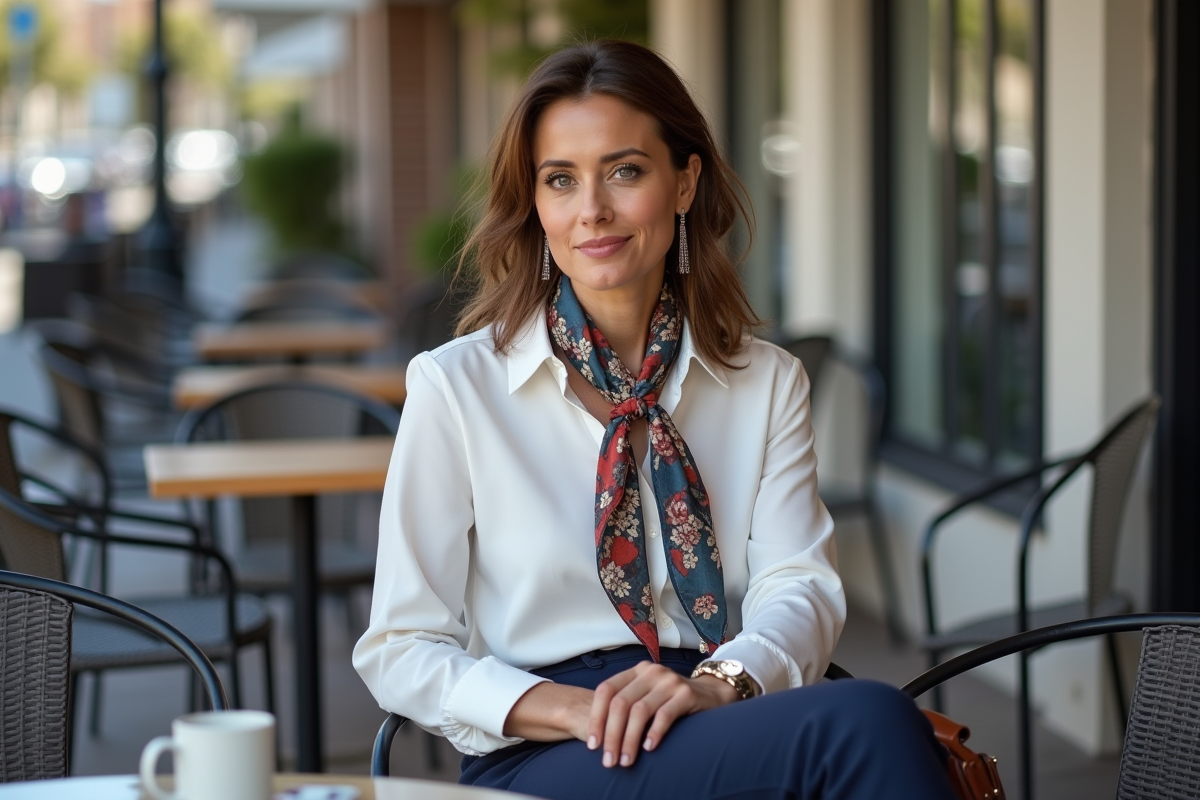 Femme élégante en blouse blanche et pantalon navy dans un café