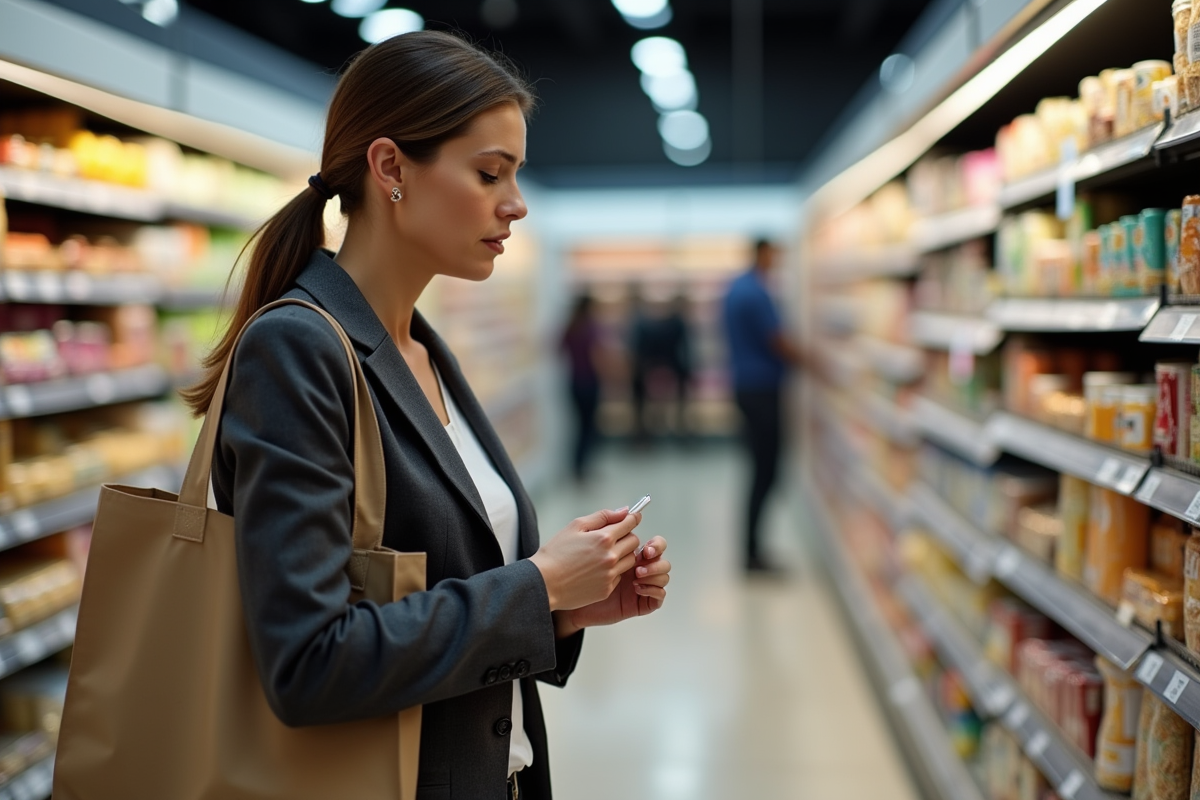 Femme d'âge moyen inspectant des produits en supermarché