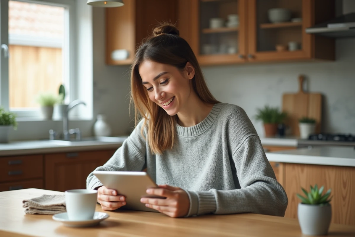 Femme utilisant une tablette numérique dans une cuisine moderne pour simplifier son quotidien en famille