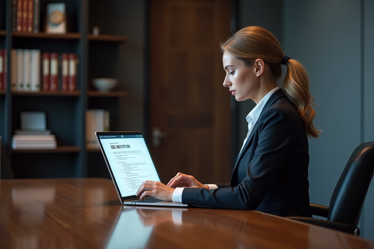 Femme d affaires concentrée sur sa checklist ISO 27000 sur son ordinateur