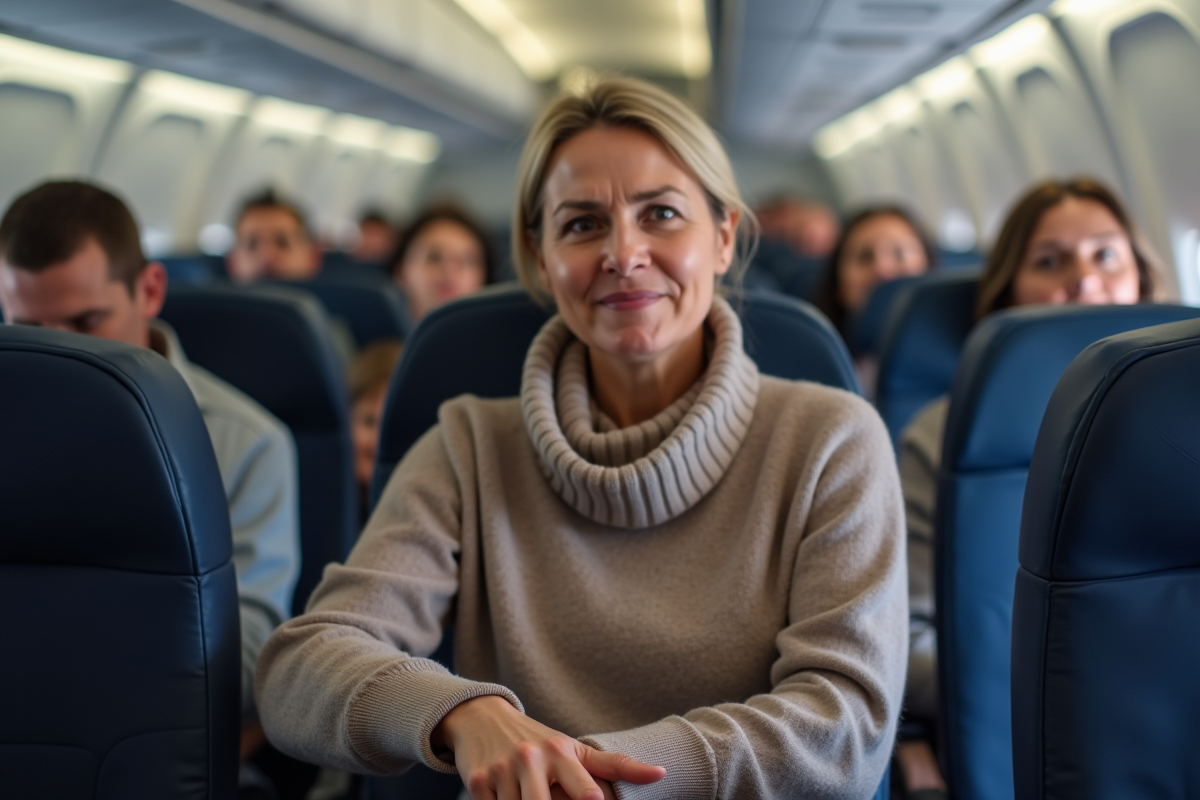 Femme d'âge moyen dans un avion lors de turbulence