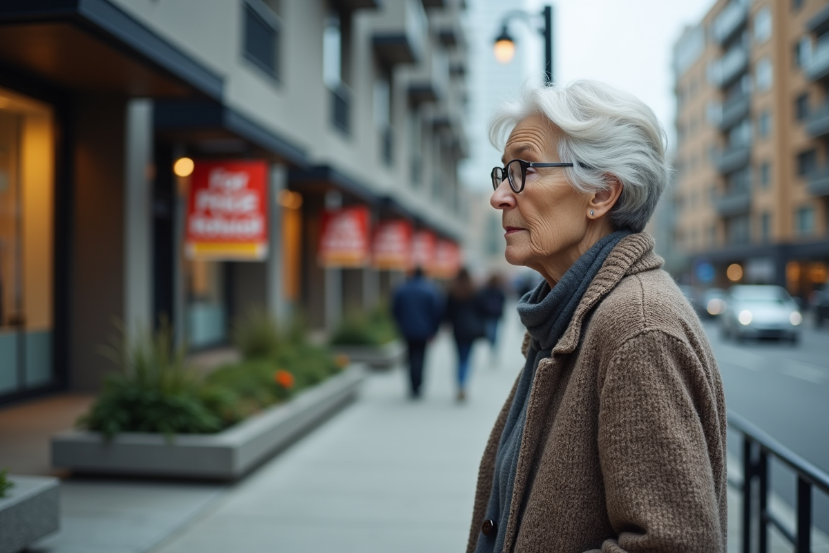 Femme âgée regardant des panneaux immobiliers en ville