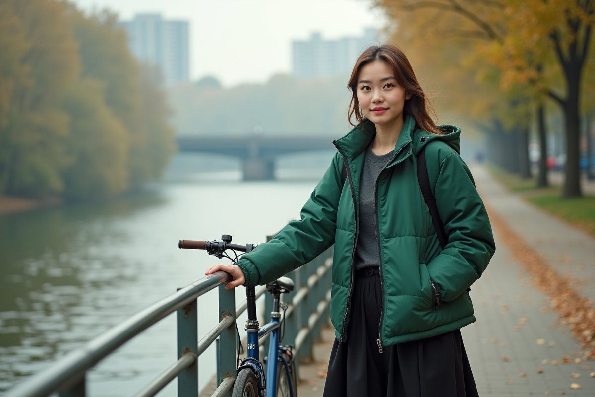 Jeune femme attachant son vélo près d