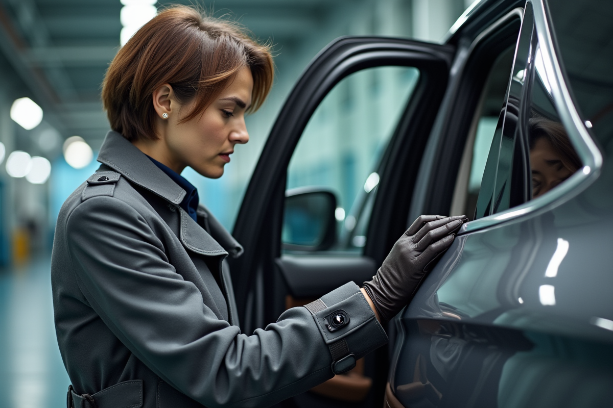 Femme inspectant la porte d’un SUV moderne