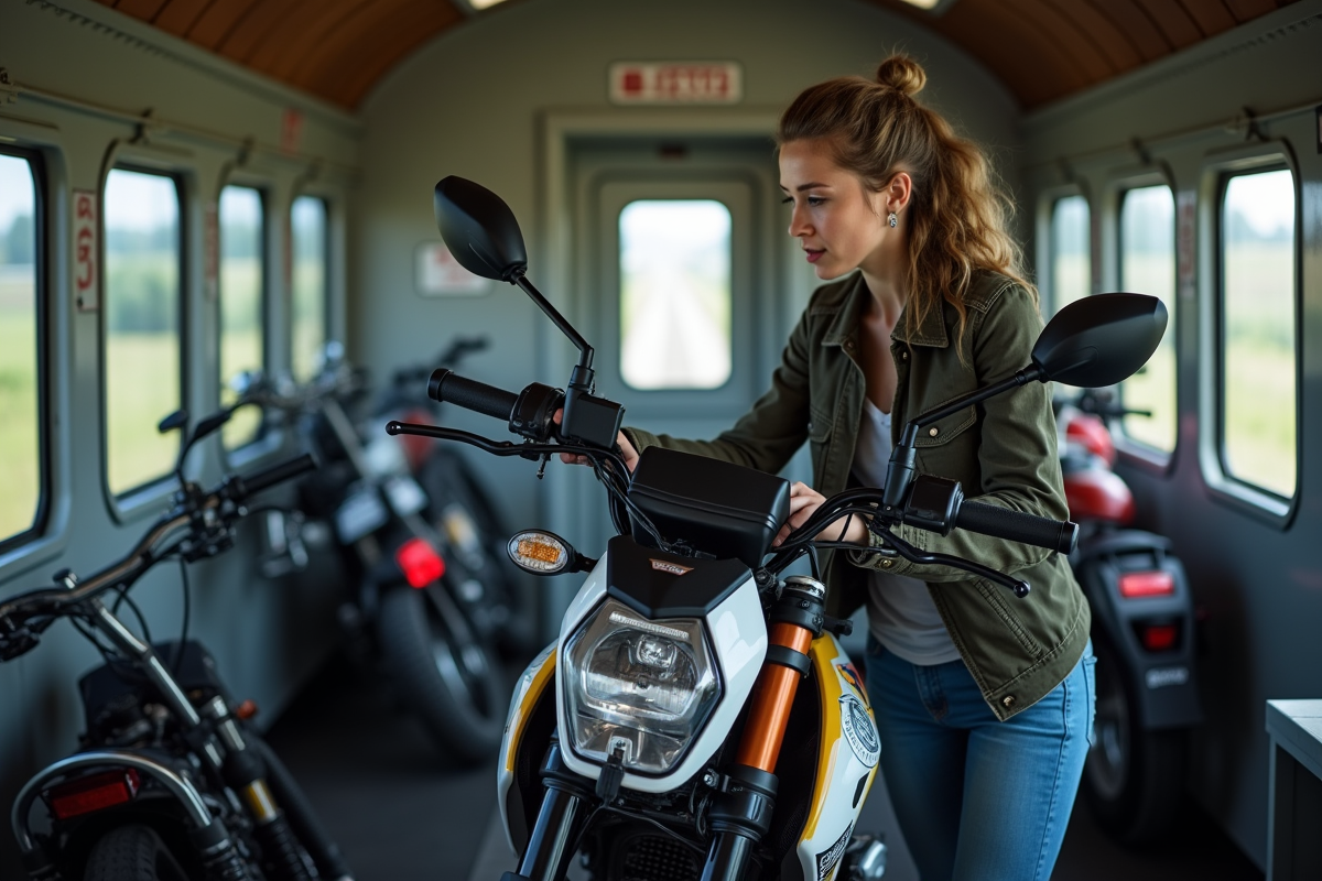 Jeune femme attachant sa moto dans un compartiment de train