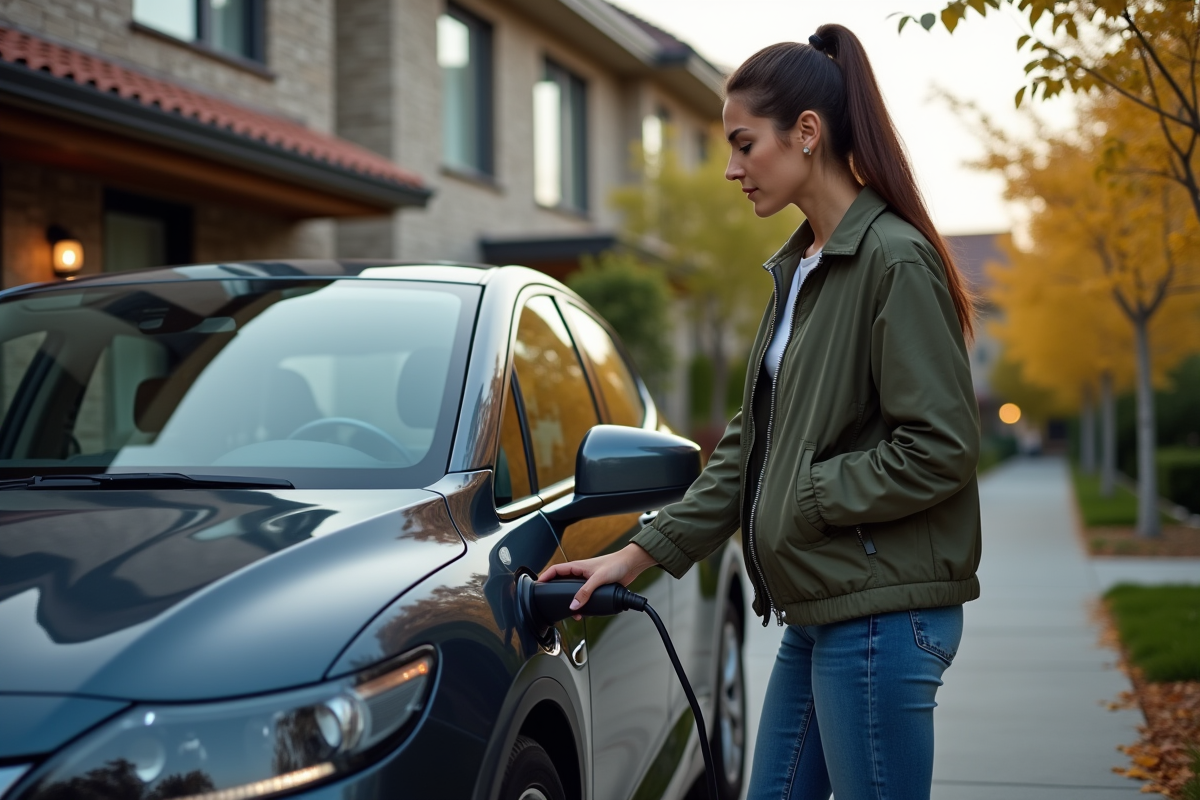Femme avec voiture hybride en environnement résidentiel