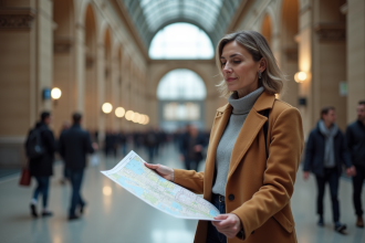 Femme d'âge moyen vérifiant une carte dans une grande gare européenne