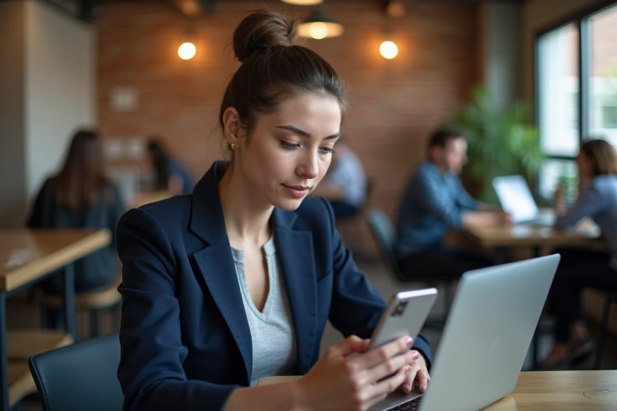 Femme configurant un VPN sur smartphone dans un espace de coworking
