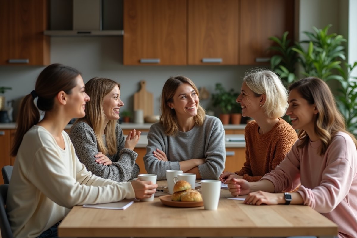 Groupe de femmes diverses discutant chaleureusement à la cuisine