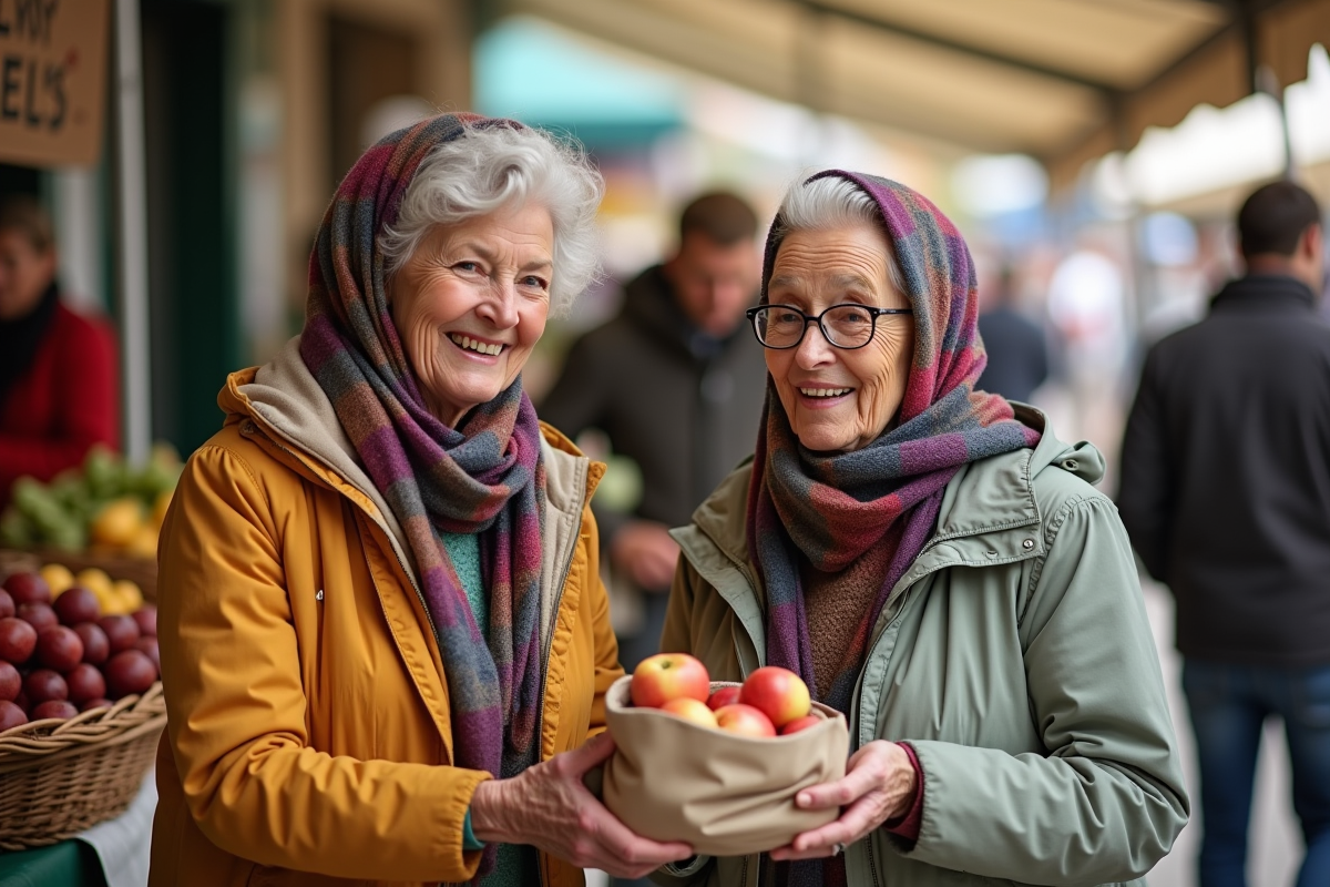 Deux femmes âgées souriantes échangeant des pommes au marché