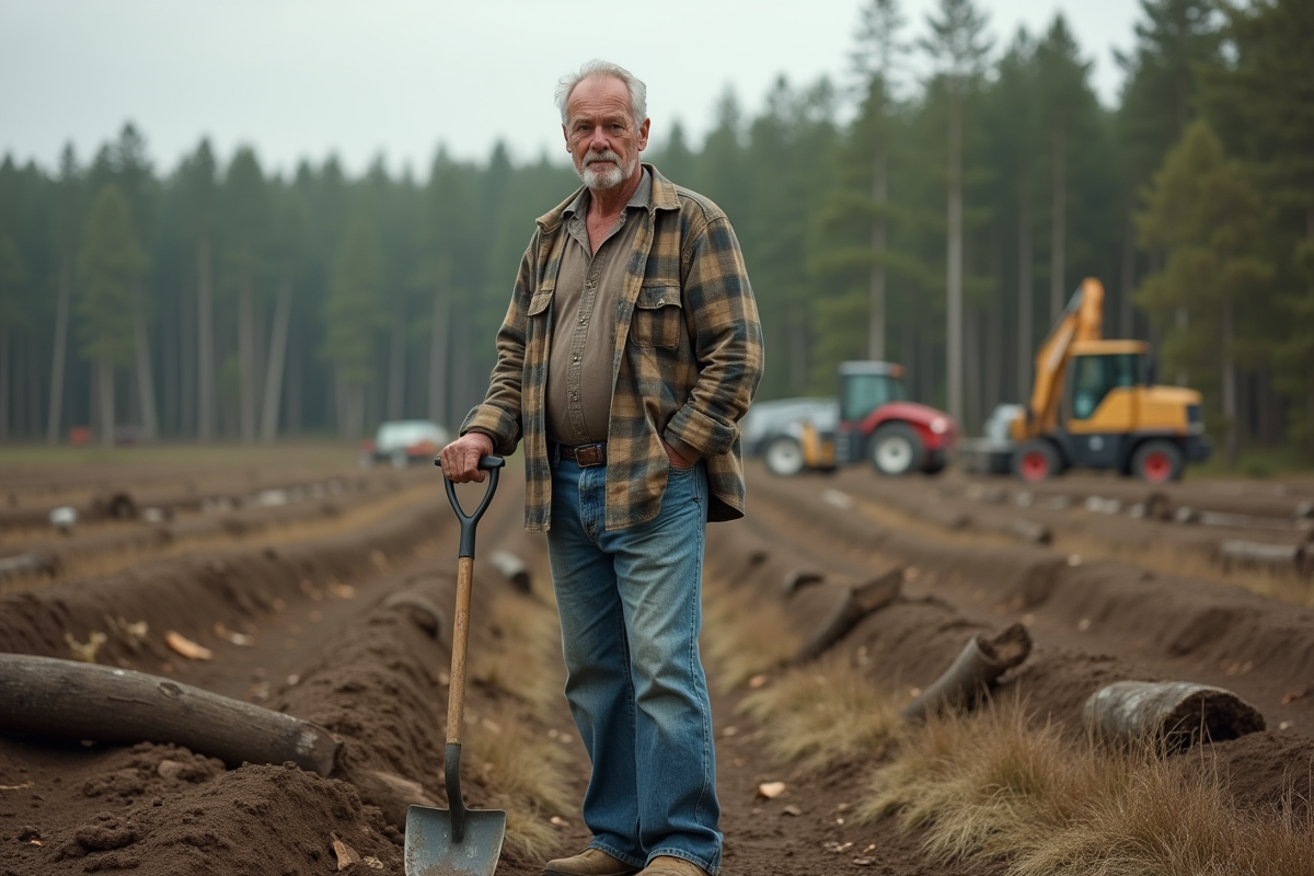 Fermeur au bord d'une forêt dégradée avec une pelle