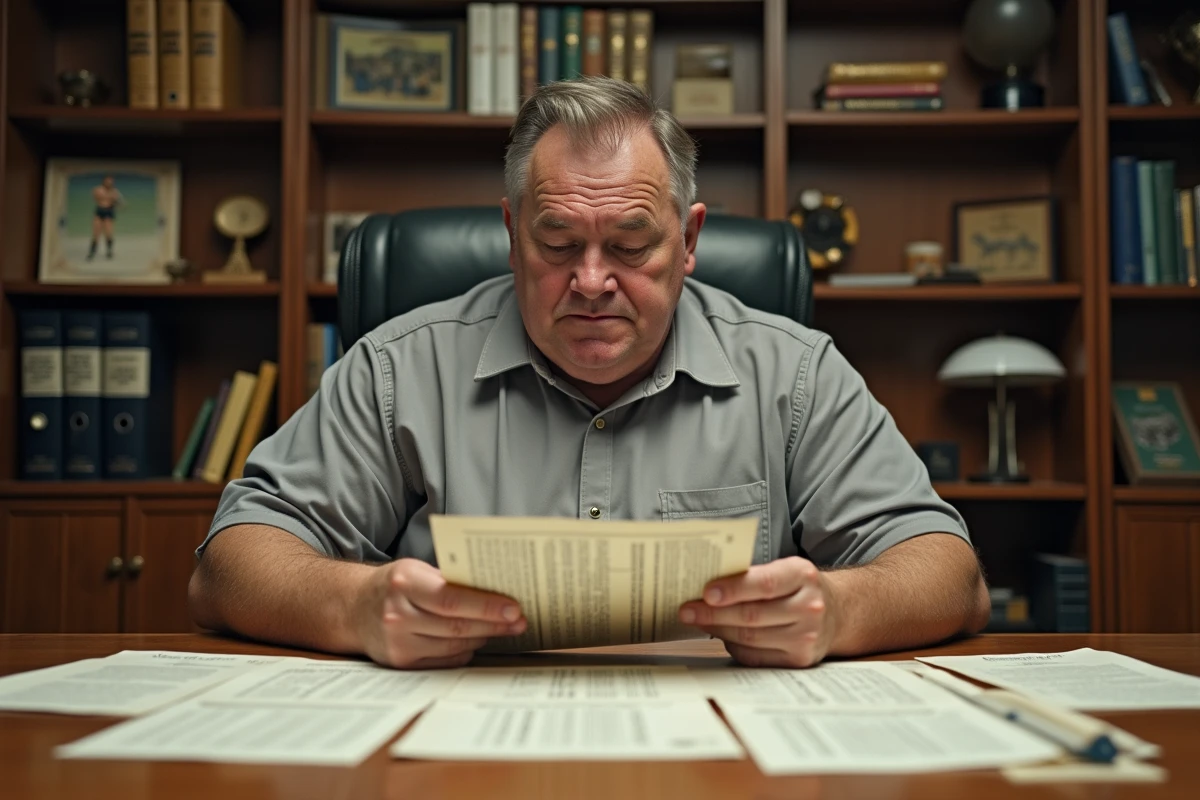 Archives de fiches de match de catch étalées sur une table, analysées par un homme de grande taille dans un bureau vintage
