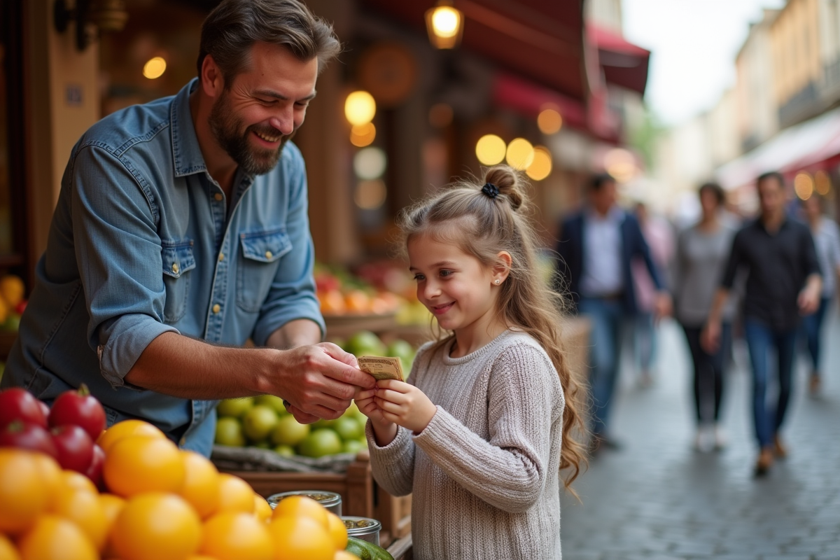 Fille de 10 ans donne un billet à un vendeur au marché en plein air