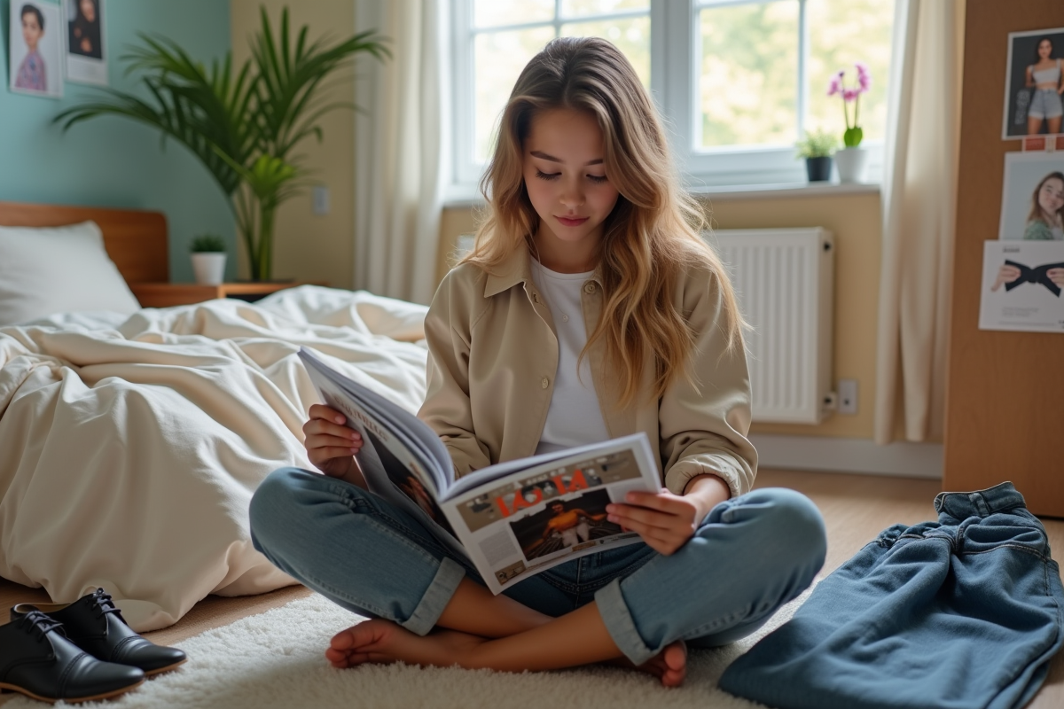 Jeune fille lisant un magazine de mode dans sa chambre