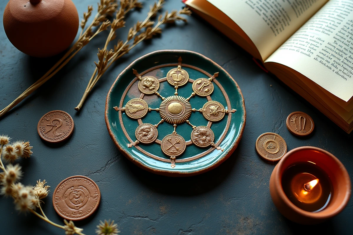 Composition flat lay artisanale avec roue zodiacale en céramique, monnaies grecques antiques et lampe à huile évoquant les dieux du feu