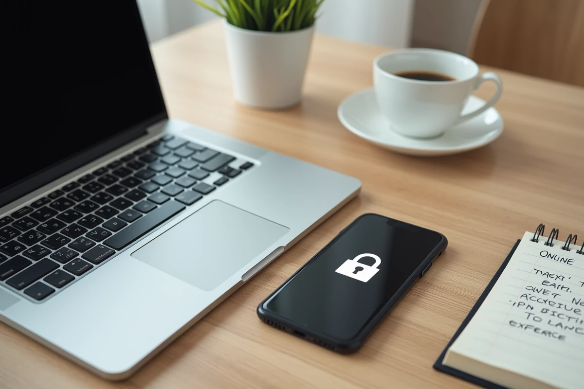 Flat lay d'un bureau avec ordinateur portable et application VPN affichée sur smartphone