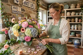 Fleuriste bretonne arrangeant un bouquet de fleurs sauvages et d'hortensias dans une boutique en pierre typique de Bretagne