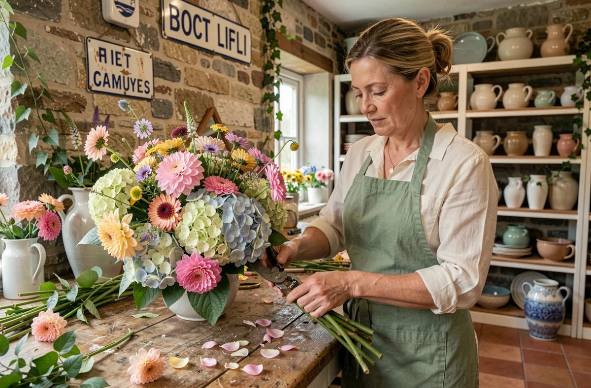 Fleuriste bretonne arrangeant un bouquet de fleurs sauvages et d'hortensias dans une boutique en pierre typique de Bretagne