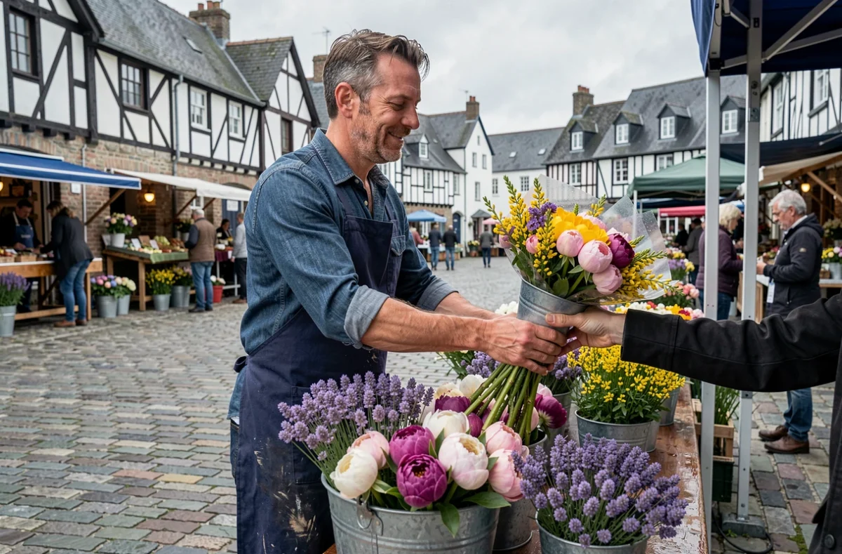 Fleuriste masculin à un marché breton en plein air vendant des bouquets de fleurs locales sur des pavés traditionnels