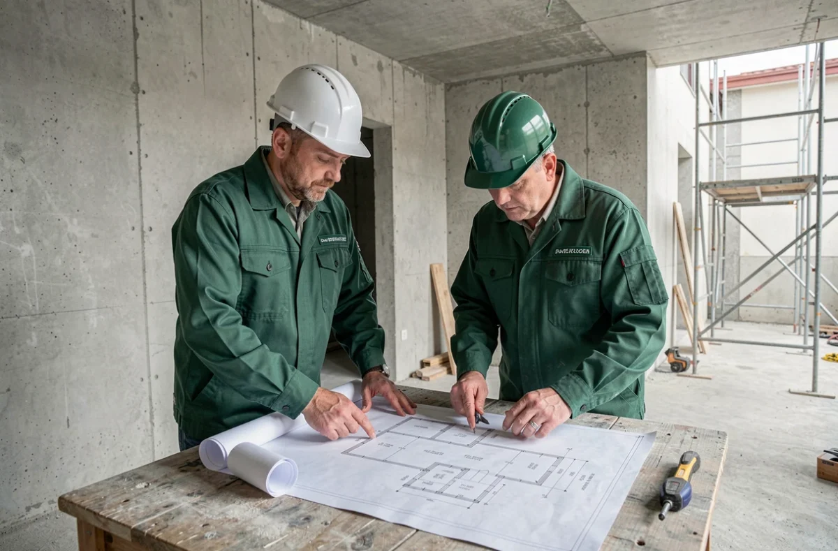 Équipe de l'entreprise de plomberie F.M.B consultant des plans sur un chantier résidentiel à Vitry-sur-Seine