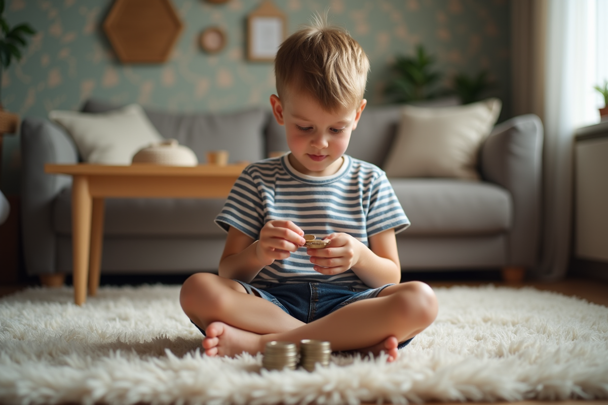 Jeune garçon de 8 ans compte des pièces dans un salon chaleureux