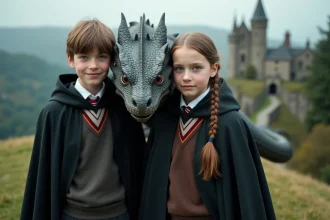 Jeunes écoliers britanniques avec dragon protecteur en extérieur