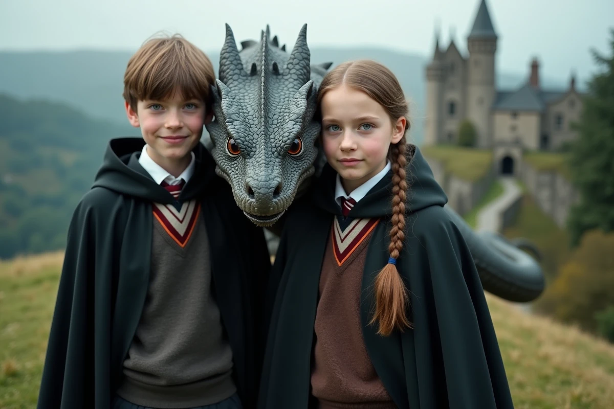 Jeunes écoliers britanniques avec dragon protecteur en extérieur