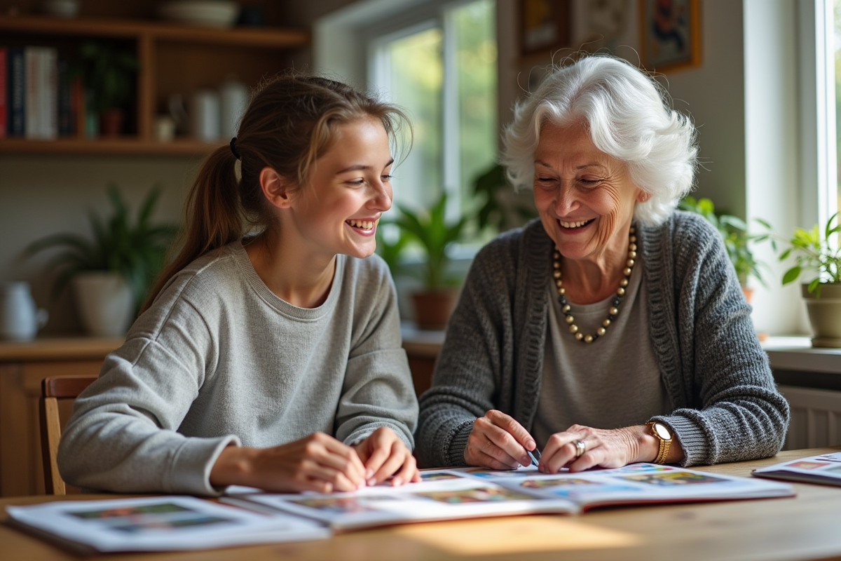 Une grand-mère souriante avec une adolescente créant un scrapbook familial