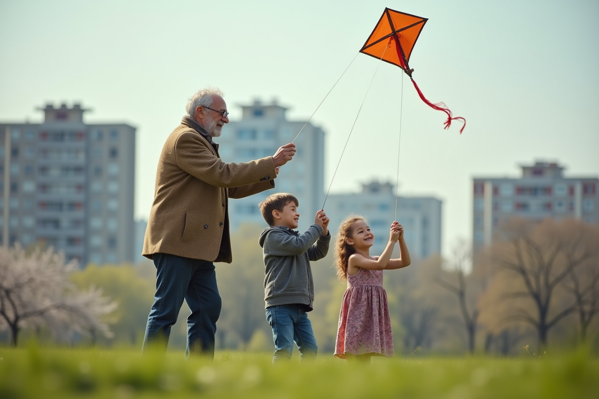 Un grand-père enseignant à ses petits enfants à faire voler un cerf-volant