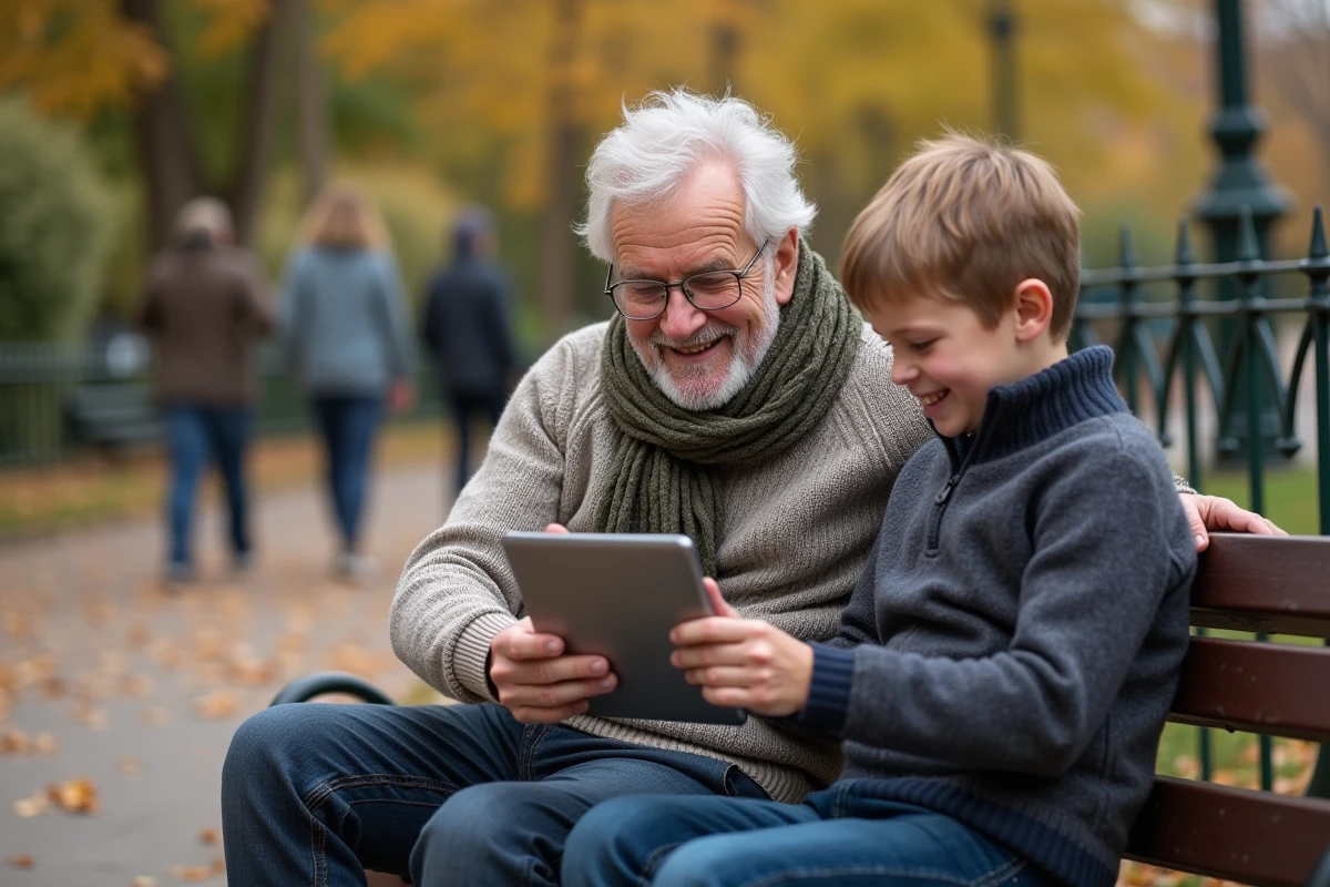 Grand-pere et petit-fils jouant sur tablette en parc