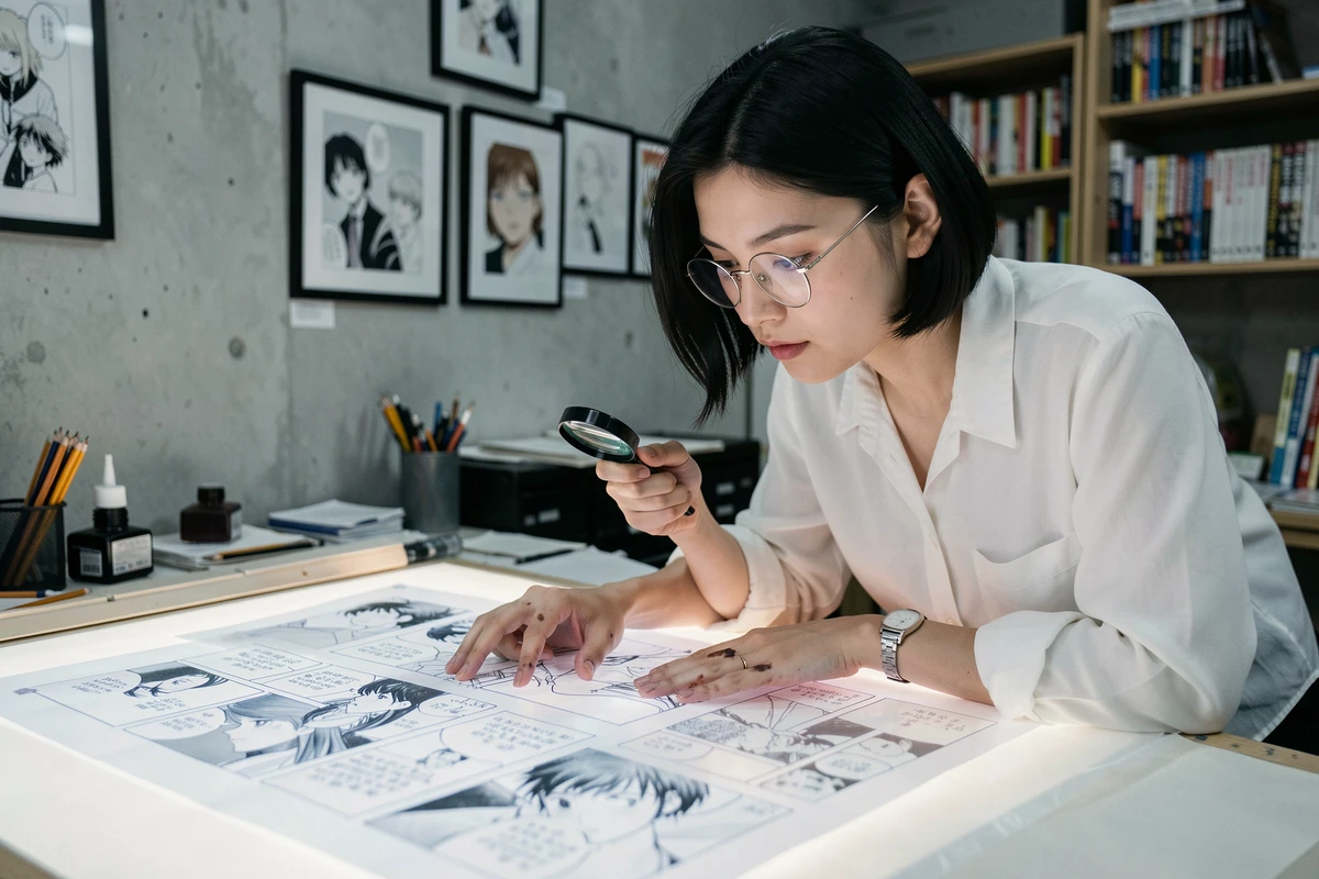 Graphiste étudiant des planches originales de manga sur table lumineuse, analyse artistique et regard d'auteur sur le dessin japonais
