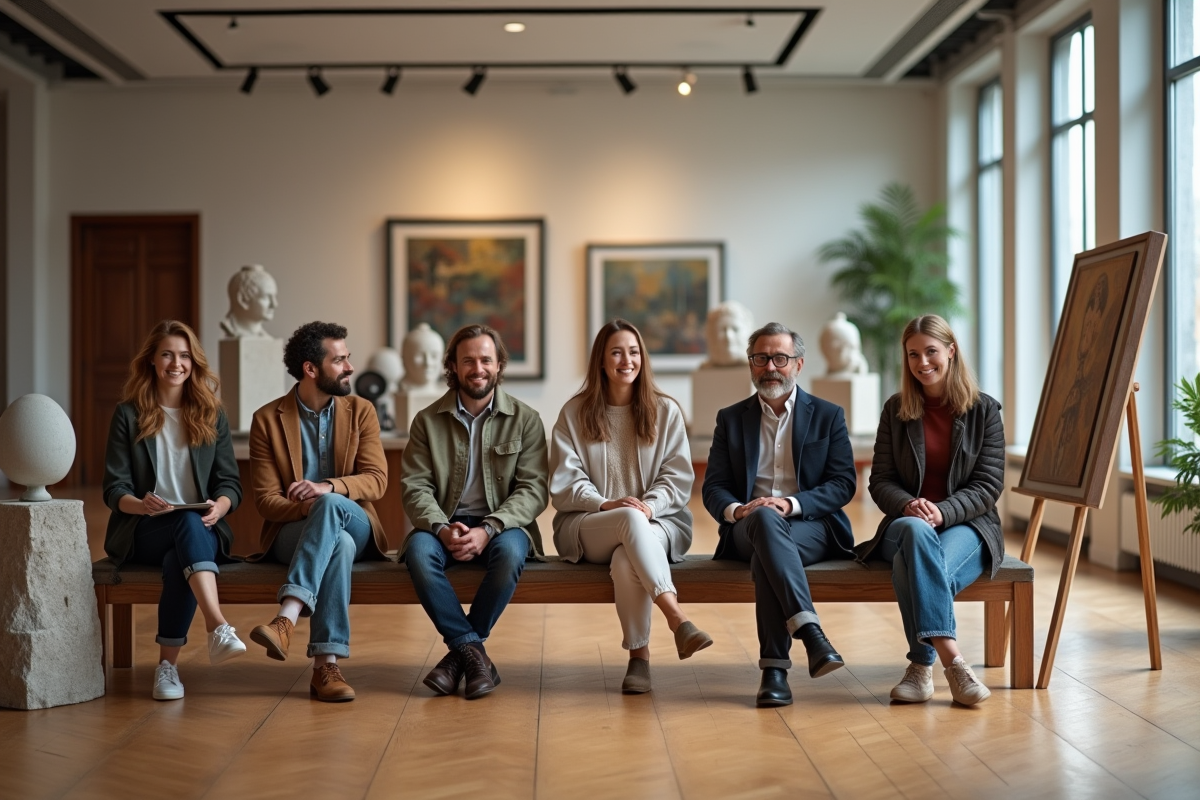 Groupe d'artistes divers dans une galerie moderne