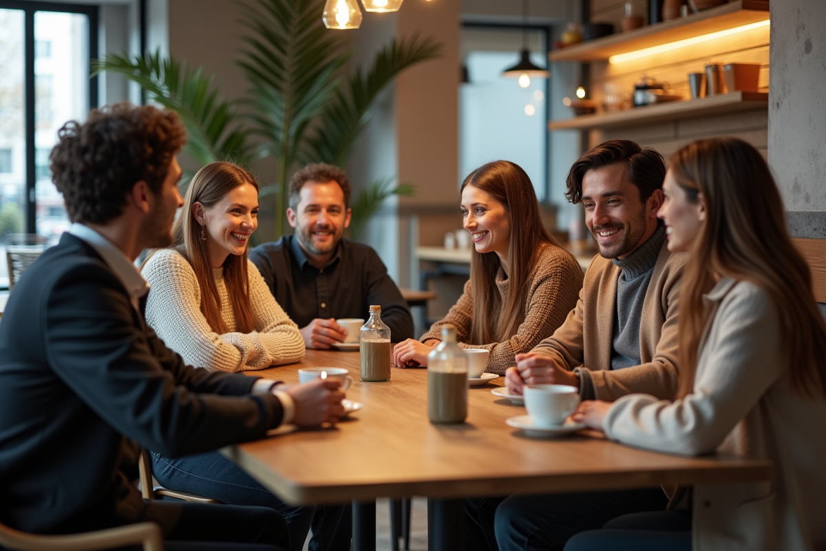 Groupe diversifié de personnes au café avec mode 2026