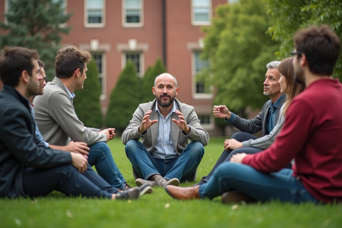 Groupe divers d adultes en discussion en plein air