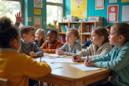 Groupe d'enfants d'&eacute;cole primaire en discussion anim&eacute;e
