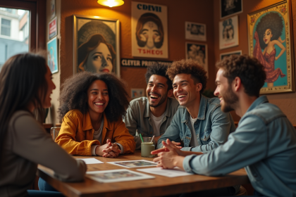 Groupe de jeunes autour d'art vintage et cinéma