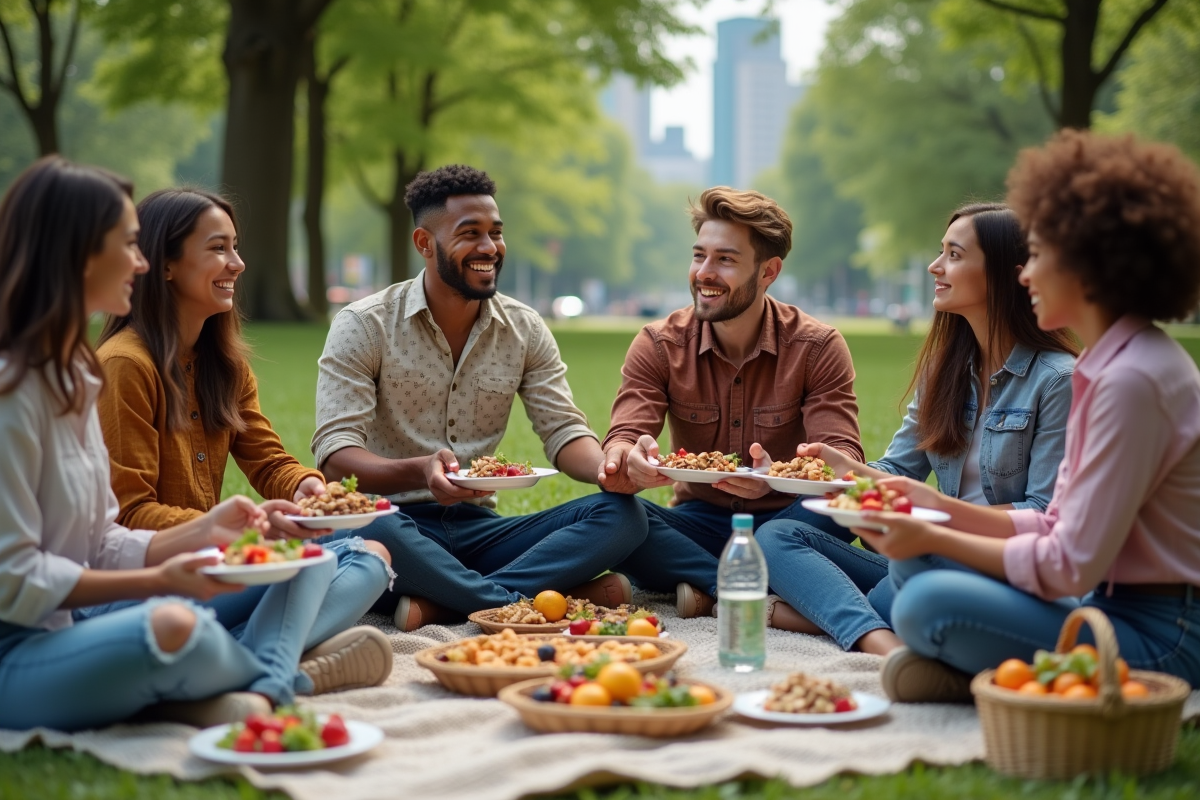 Jeunes adultes partageant un pique-nique dans un parc urbain